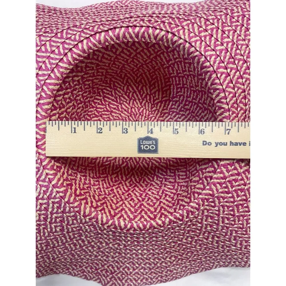 Wide Brim Straw Sun Hat Pink Beige Chevron Floppy Beach Summer Packable